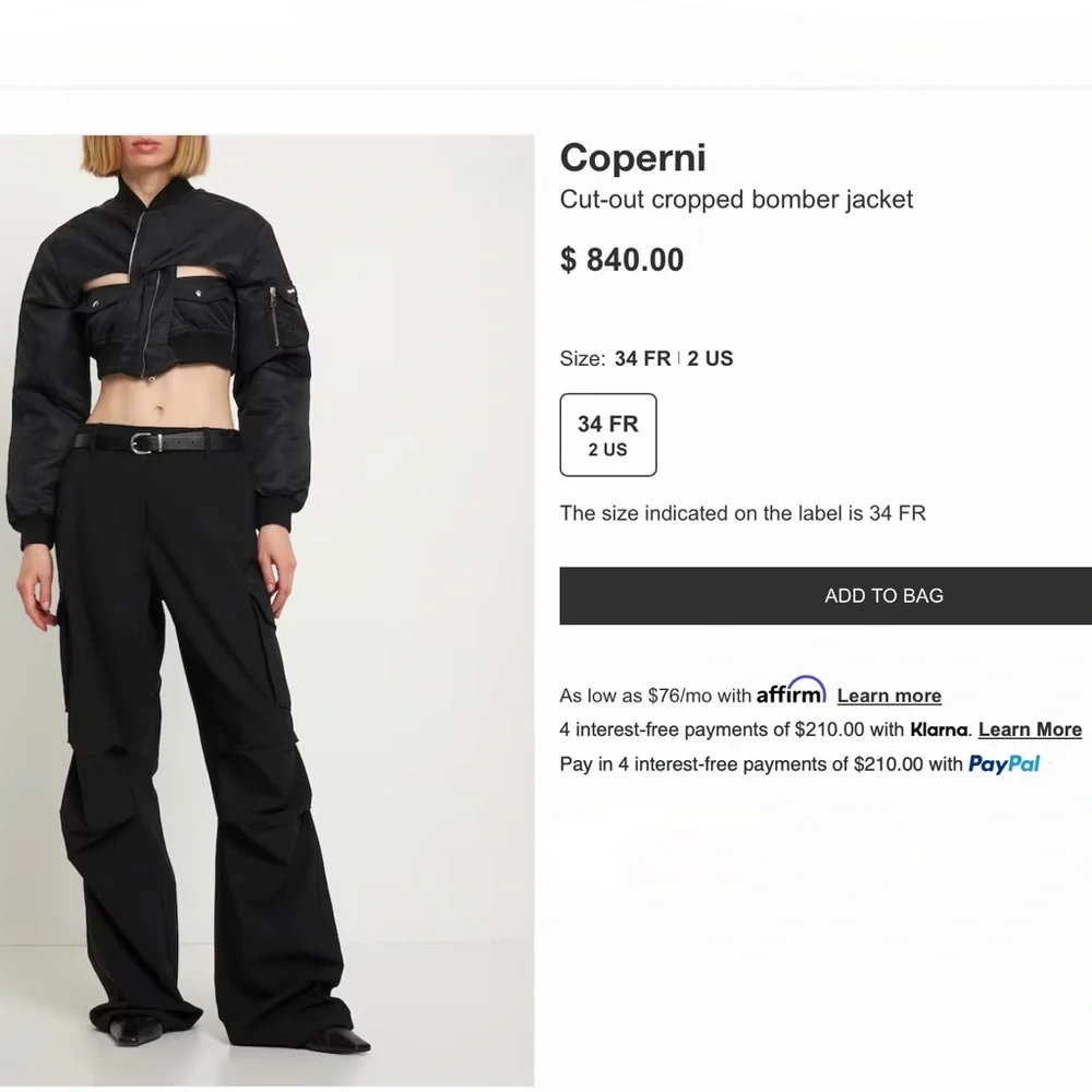 Coperni Cut-Out Cropped Shell Bomber Jacket Black New with Tags US 4 - Picture 8 of 15